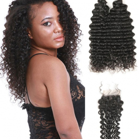 2Pcs Real Human Hair Deep Wave Virgin Hair Weaves with Closure