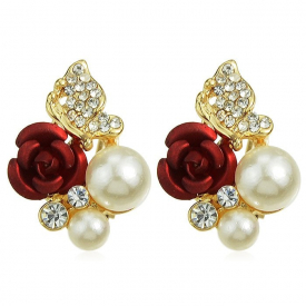 Rose Design Faux Pearl Rhinestone Earrings