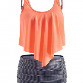 U Neck Striped Overlay Tankini Set