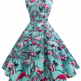 Flamingo Print Belted Flare Dress