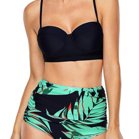 Leaf Print Ruched Underwire Bikini Set