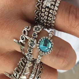 Vintage Engraved Flower Heart Ring Set