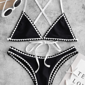 ZAFUL Embroidered Trim Bralette Criss Cross Bikini Swimsuit M Black