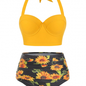 Sunflower Print Ruched Halter Bikini Swimsuit