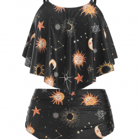 Sun and Moon Print Ruched Tankini Swimsuit