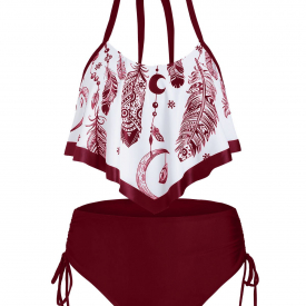 Feather Print Flounce Overlay Cinched Halter Tankini Swimsuit