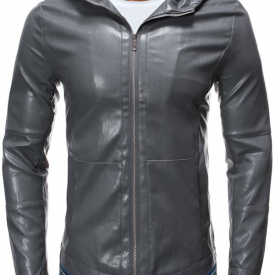 Solid Color False Leather Hooded Jacket
