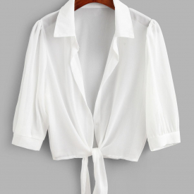 Women Beach Tie Hem Semi Sheer Crop Cover Up Top White