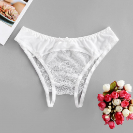 Crotchless Flower Lace Bowknot Lingerie Briefs L White