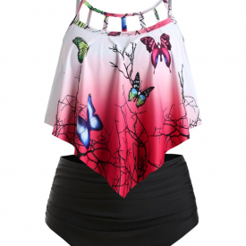 Plus Size Overlay Ombre Butterfly Print Tankini Swimwear