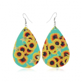 Sunflower Pattern Leather Water Drop Earrings