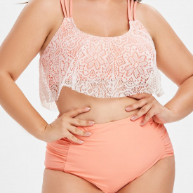 Ruched High Waisted Lace Overlay Plus Size Tankini Swimsuit