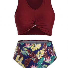 Flamingo Leaves Print Twist Hem Plus Size Tankini Swimsuit