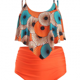 Plus Size Printed Flounce Ruched Tankini Swimsuit