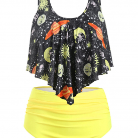 Plus Size Sun and Moon Overlay Ruched Tankini Swimwear