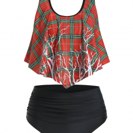Tree Checked Ruched Asymmetrical Tankini Swimwear
