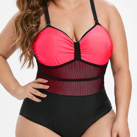 Fishnet Panel Colorblock Plus Size One-piece Swimsuit