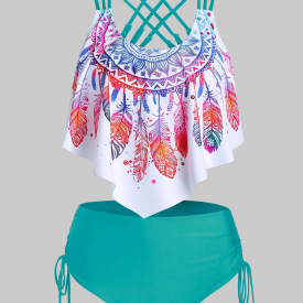 Feather Print Strappy Cinched Tankini Swimwear