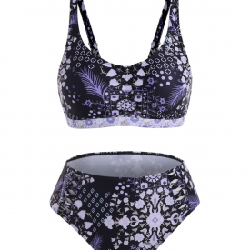 Floral Ruched Criss Cross Bikini Swimwear