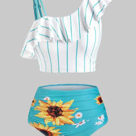 Striped Sunflower Print One Shoulder Tummy Control Tankini Swimwear