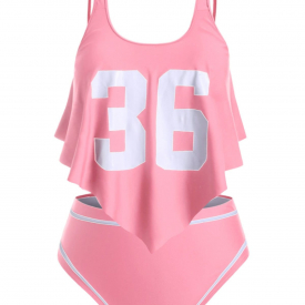 Plus Size Crisscross Ruffle Number Print Tankini Swimsuit