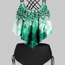 Plus Size Printed Strappy Drawstring Tankini Swimwear