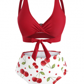Knot Cherry Print Bikini Swimwear