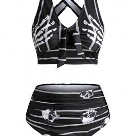 Skull Striped Print Cut Out Padded Tankini Set