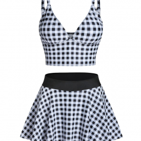 Gingham Print High Waist Skirted Tankini Swimwear