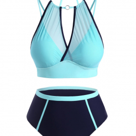 Plus Size Keyhole Sheer Mesh Tankini Swimwear