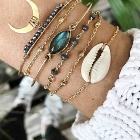 6Pcs Crescent Shell Beads Faux Gem Bracelet Set