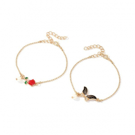 2Pcs Faux Pearl Rose Butterfly Bracelet Set