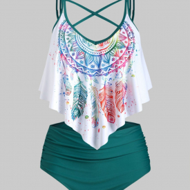 Plus Size Feather Print Crisscross Ruffled Tankini Swimwear