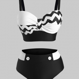 Zig Zag Push Up Mock Button Tankini Swimwear