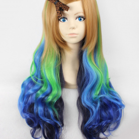 Long Oblique Bang Wavy Gradient Mixed Color Synthetic Wig