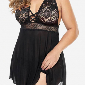 Plus Size Low Cut Lace Panel Sheer Babydoll Set