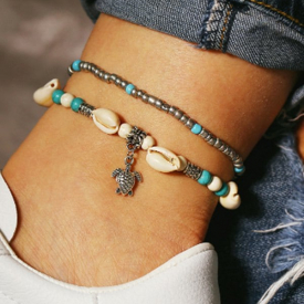 2 Piece Beaded Shell Tortoise Beach Anklets Set