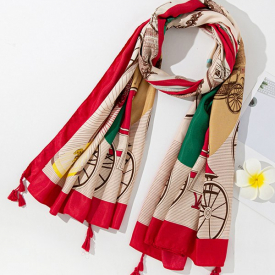 Tassel Color-blocking Printed Scarf