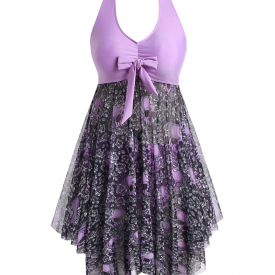 Plus Size Floral Skull Mesh Halloween Tankini Swimwear