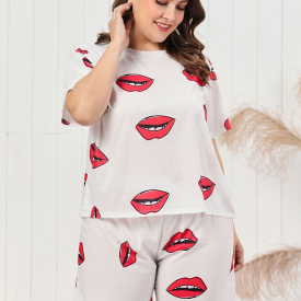 Plus Size Lips Print Short PJ Set