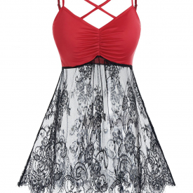 Plus Size Lace Eyelash Crisscross See Thru Cami Babydoll Set