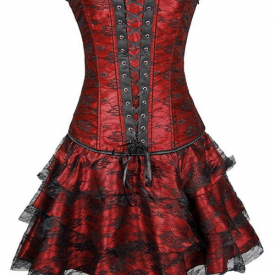 Lace Panel Lace-up Overbust Boned Corset Set with TuTu Petticoat