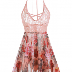 Plus Size Halter Lace Insert Backless Floral Babydoll Set