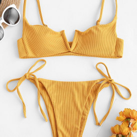 ZAFUL V-wired Ribbed Tie Side Tanga Bikini Swimwear White