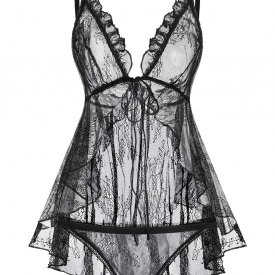 Plus Size Lace Sheer Flounce Sexy Lingerie Set