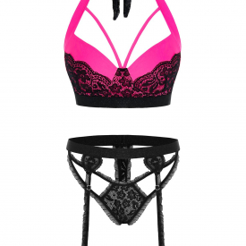 Plus Size Lace Insert Garter Lingerie Bra Set