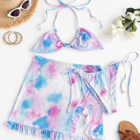 Women Three-Pieces ZAFUL Tie Dye Ribbed Ruffled Three Piece Bikini Swimsuit S Light purple