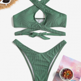 ZAFUL Ribbed Cross High Cut Wrap Bikini Swimwear M Deep green