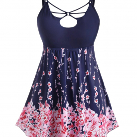 Plus Size Floral Print O Ring Strappy Tankini Swimwear