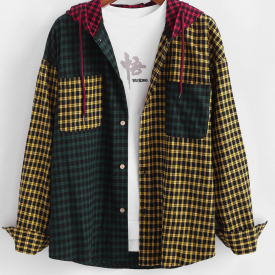 Colorblock Plaid Patchwork Hooded Shirt M